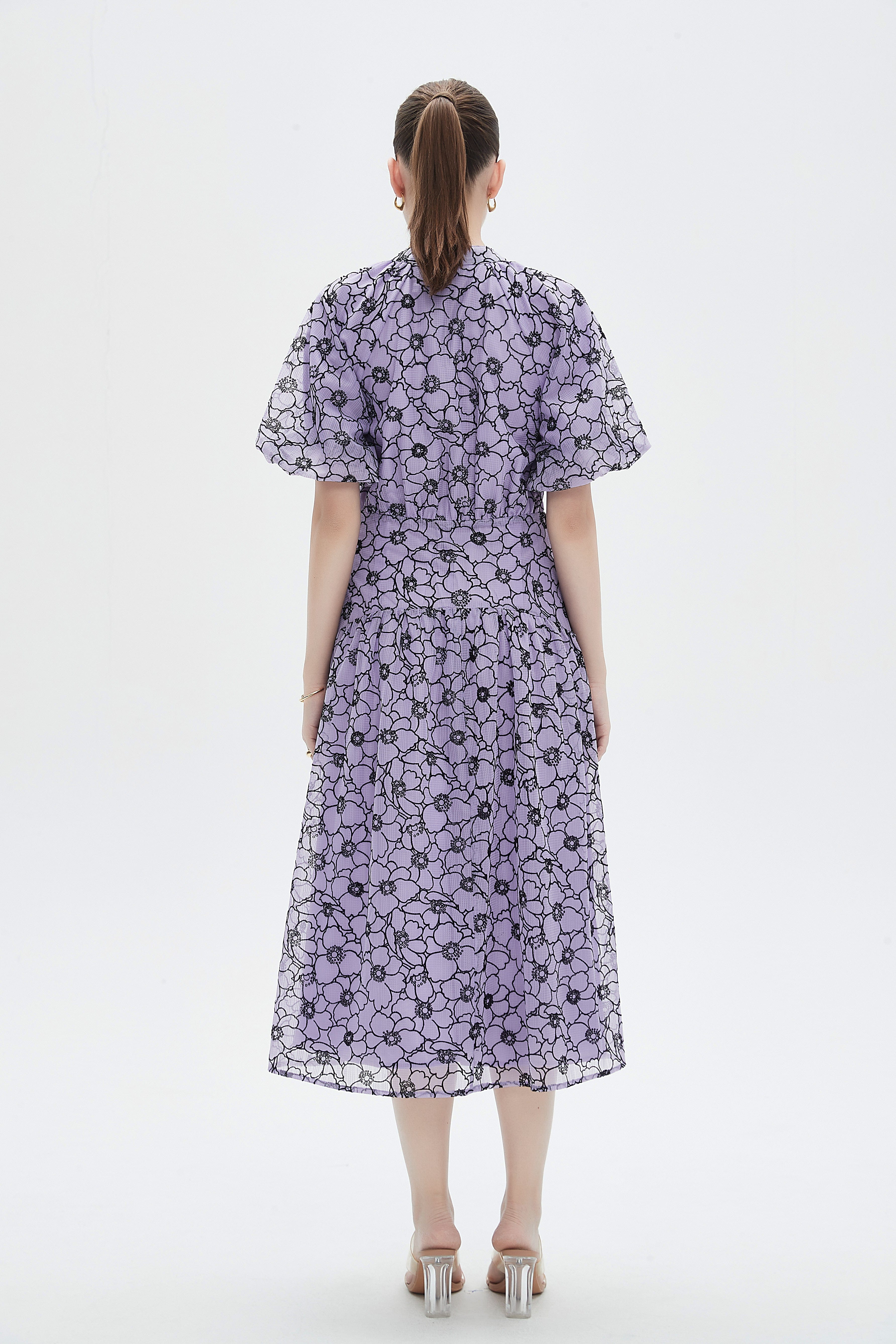 Shop Purple Floral Midi Short-Sleeve Dress Casual Fashion SA