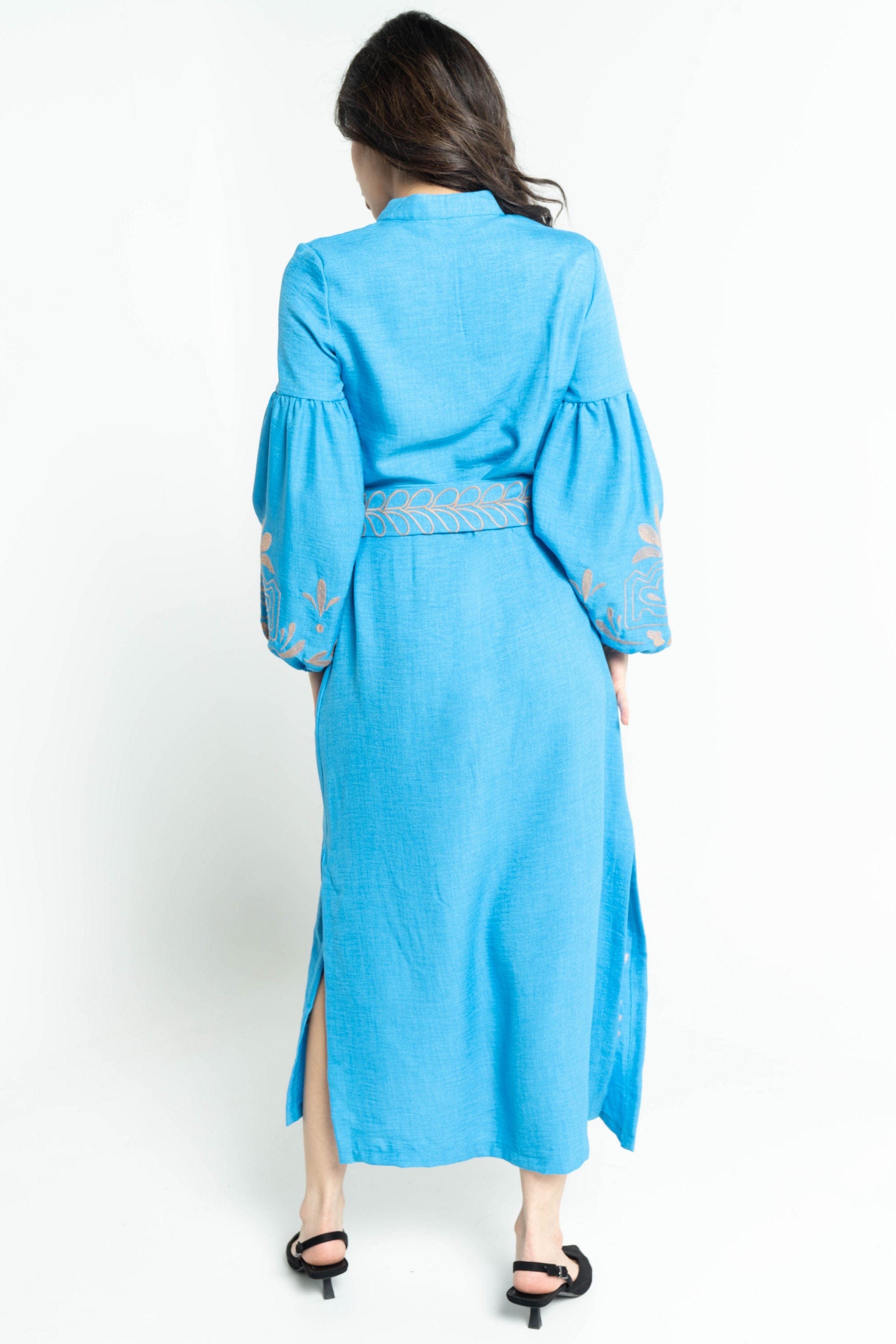 ببل فاشن فستان نسائي طويل منقوش من الكم ومن الاسفل وبحزام على الخصر