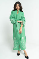 ببل فاشن فستان نسائي طويل منقوش من الكم ومن الاسفل وبحزام على الخصر