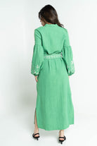 ببل فاشن فستان نسائي طويل منقوش من الكم ومن الاسفل وبحزام على الخصر