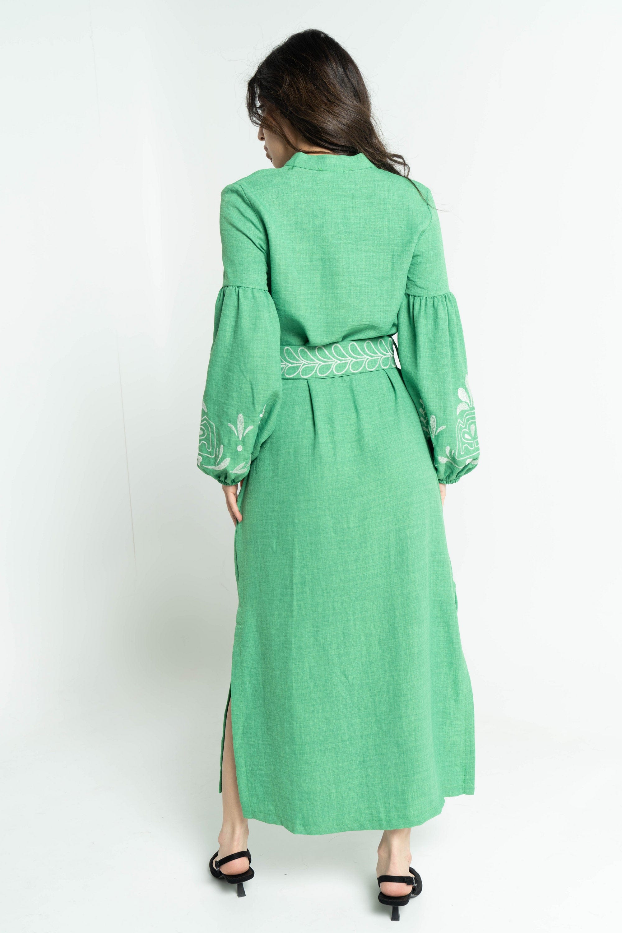 ببل فاشن فستان نسائي طويل منقوش من الكم ومن الاسفل وبحزام على الخصر