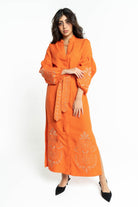 ببل فاشن فستان نسائي طويل منقوش من الكم ومن الاسفل وبحزام على الخصر