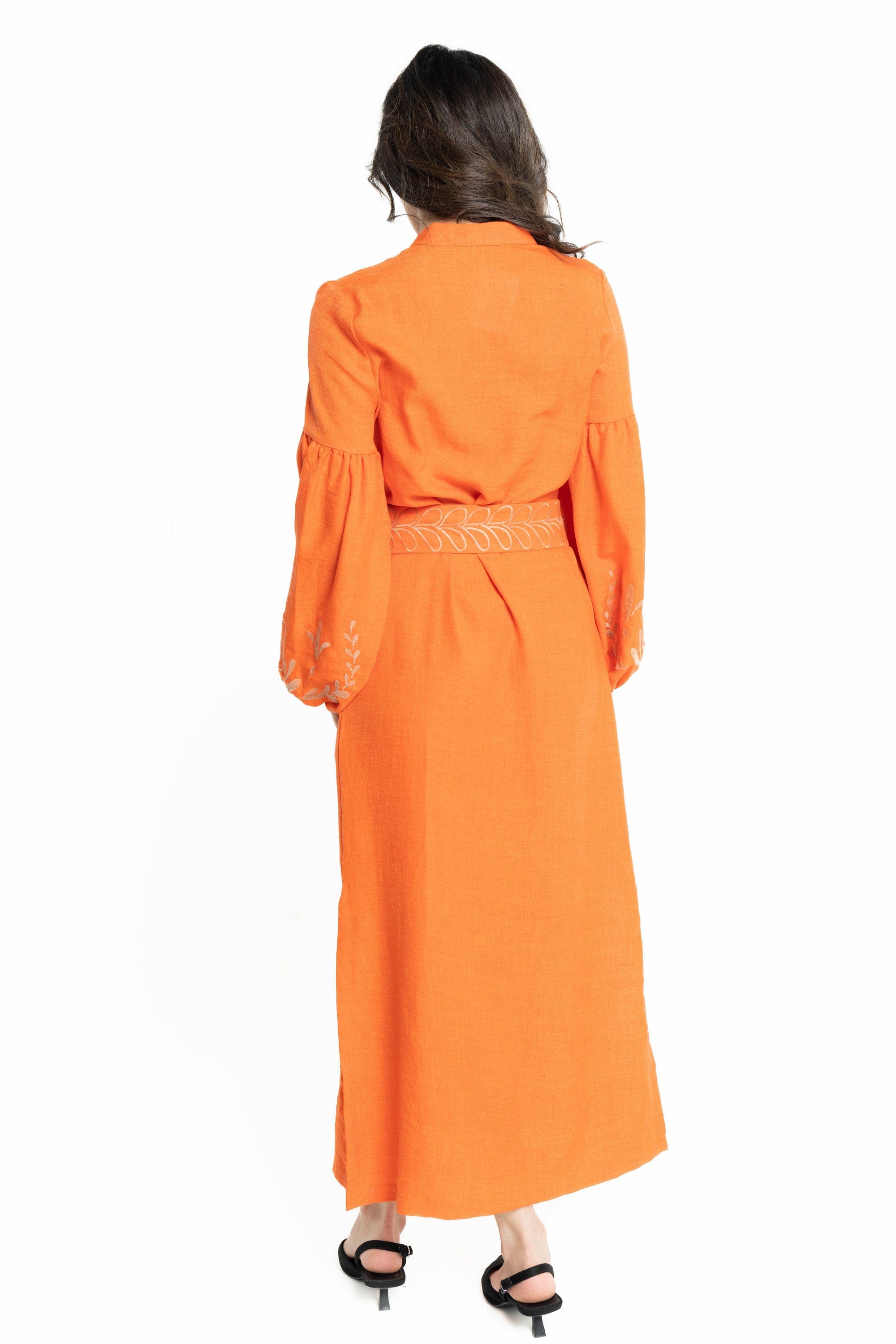 ببل فاشن فستان نسائي طويل منقوش من الكم ومن الاسفل وبحزام على الخصر