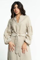 ببل فاشن فستان نسائي طويل منقوش من الكم ومن الاسفل وبحزام على الخصر