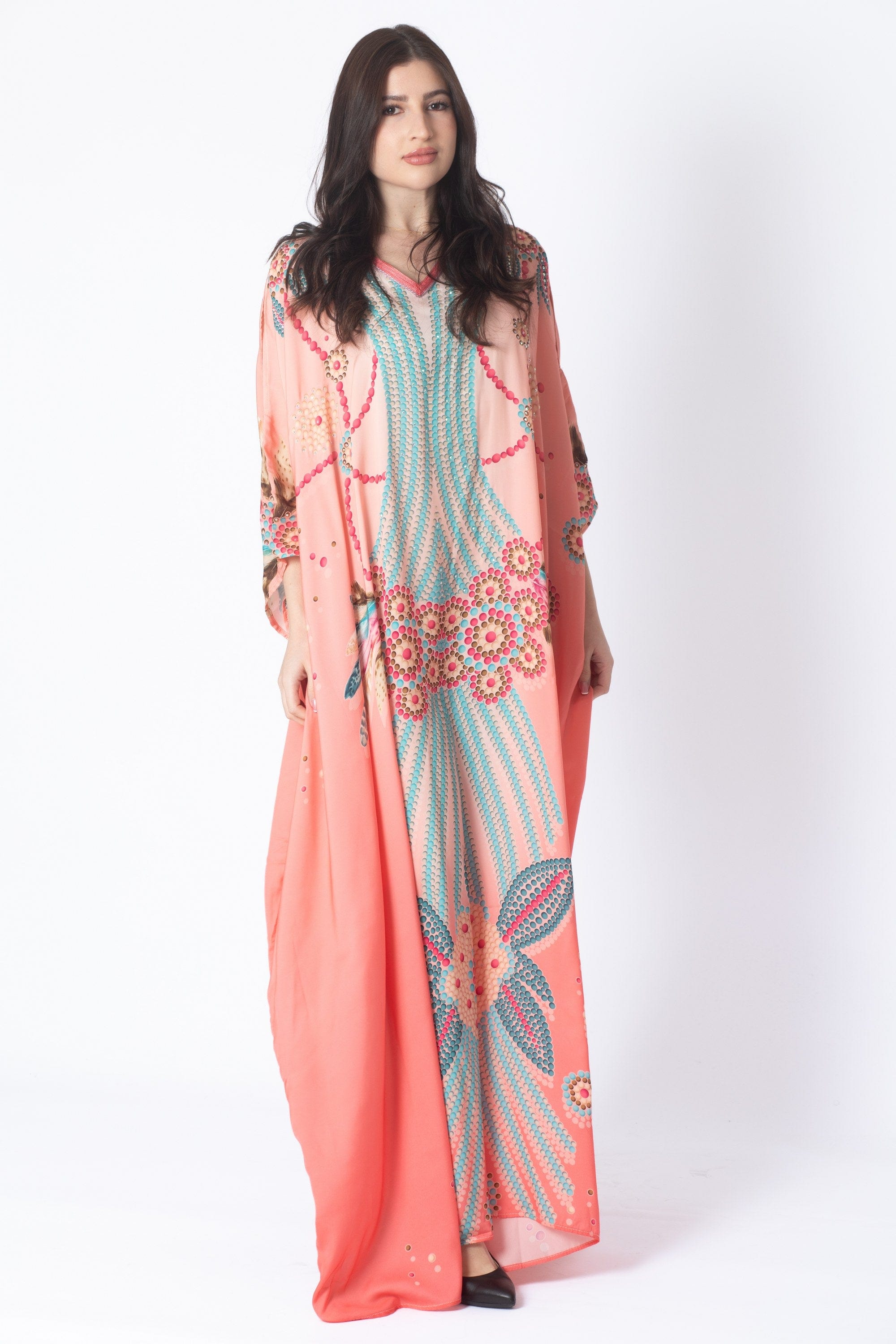 ديامانتين غندورة منقوشة واسعة طويلة كم 3/4 نسائي مرجاني