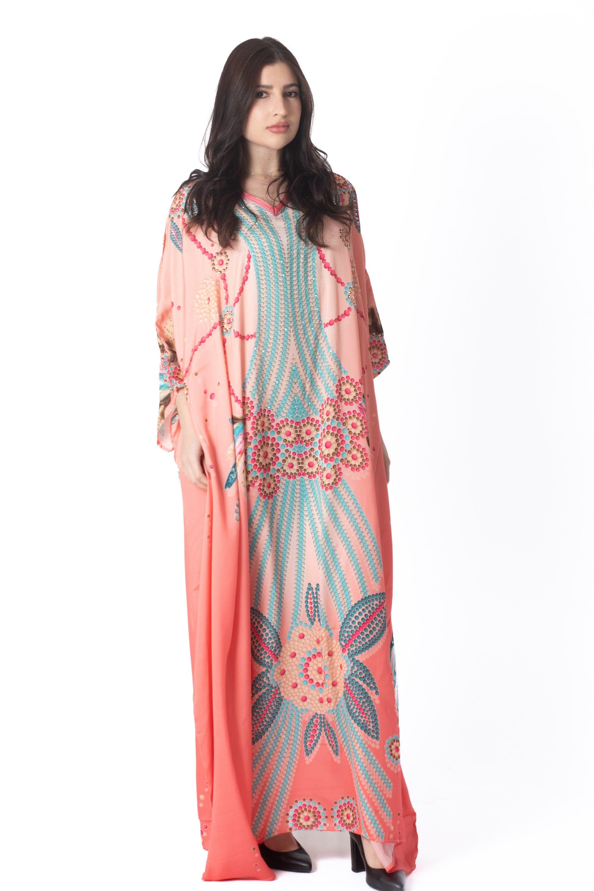 ديامانتين غندورة منقوشة واسعة طويلة كم 3/4 نسائي مرجاني