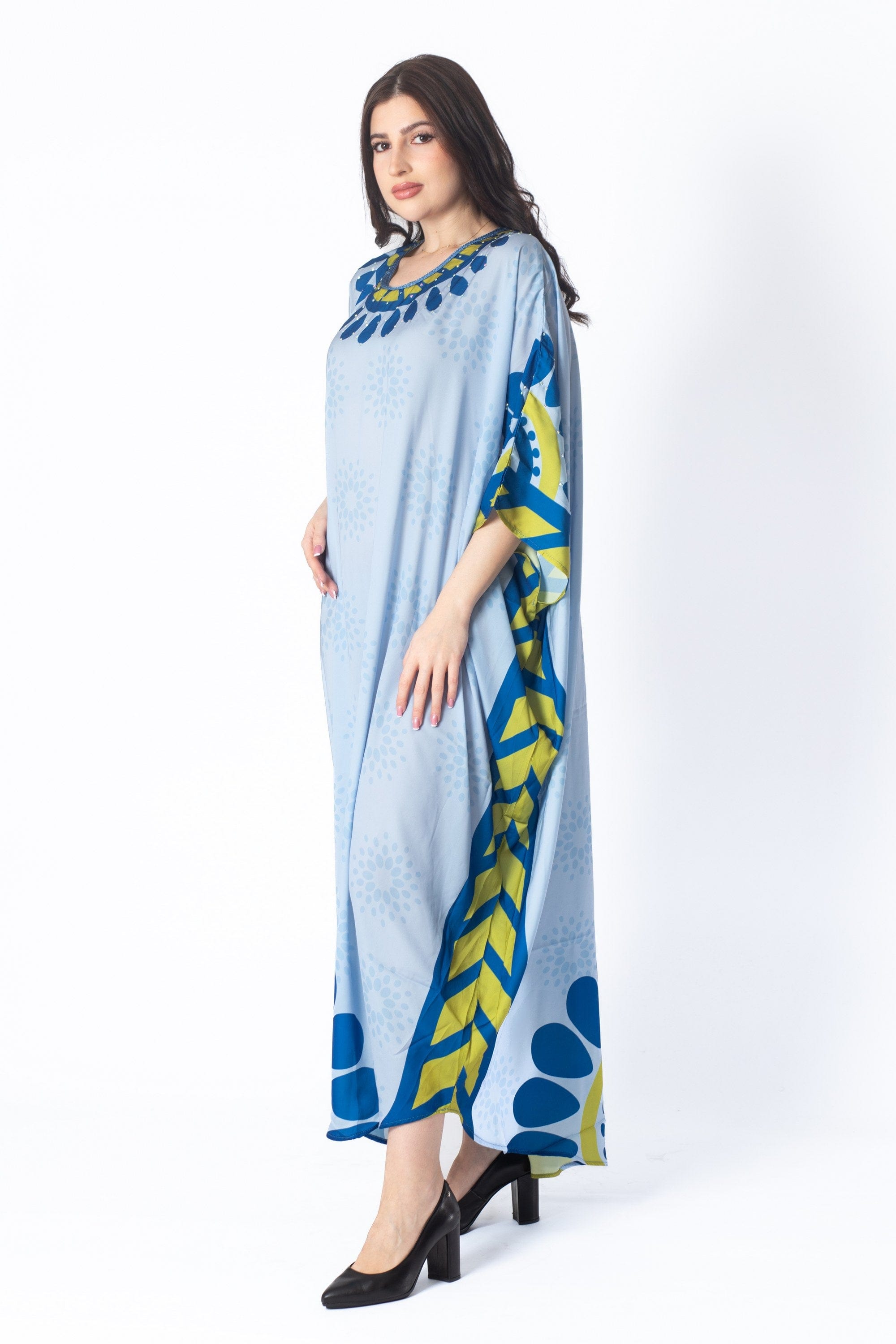 ديامانتين غندورة منقوشة واسعة كم واسع 3/4 نسائي أزرق