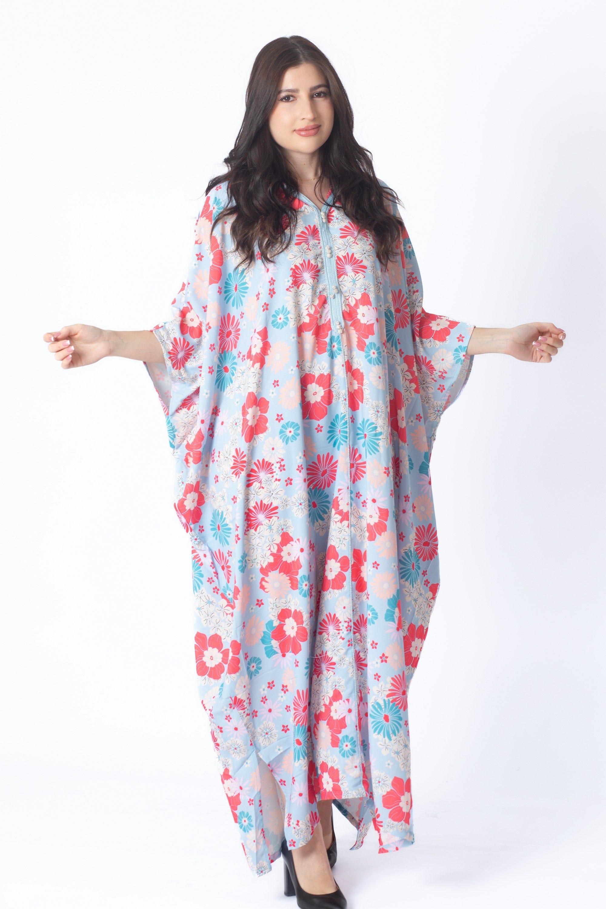 ديامانتين جلابة موردة بقبعة 3/4 كم واسع نسائي أزرق فاتح