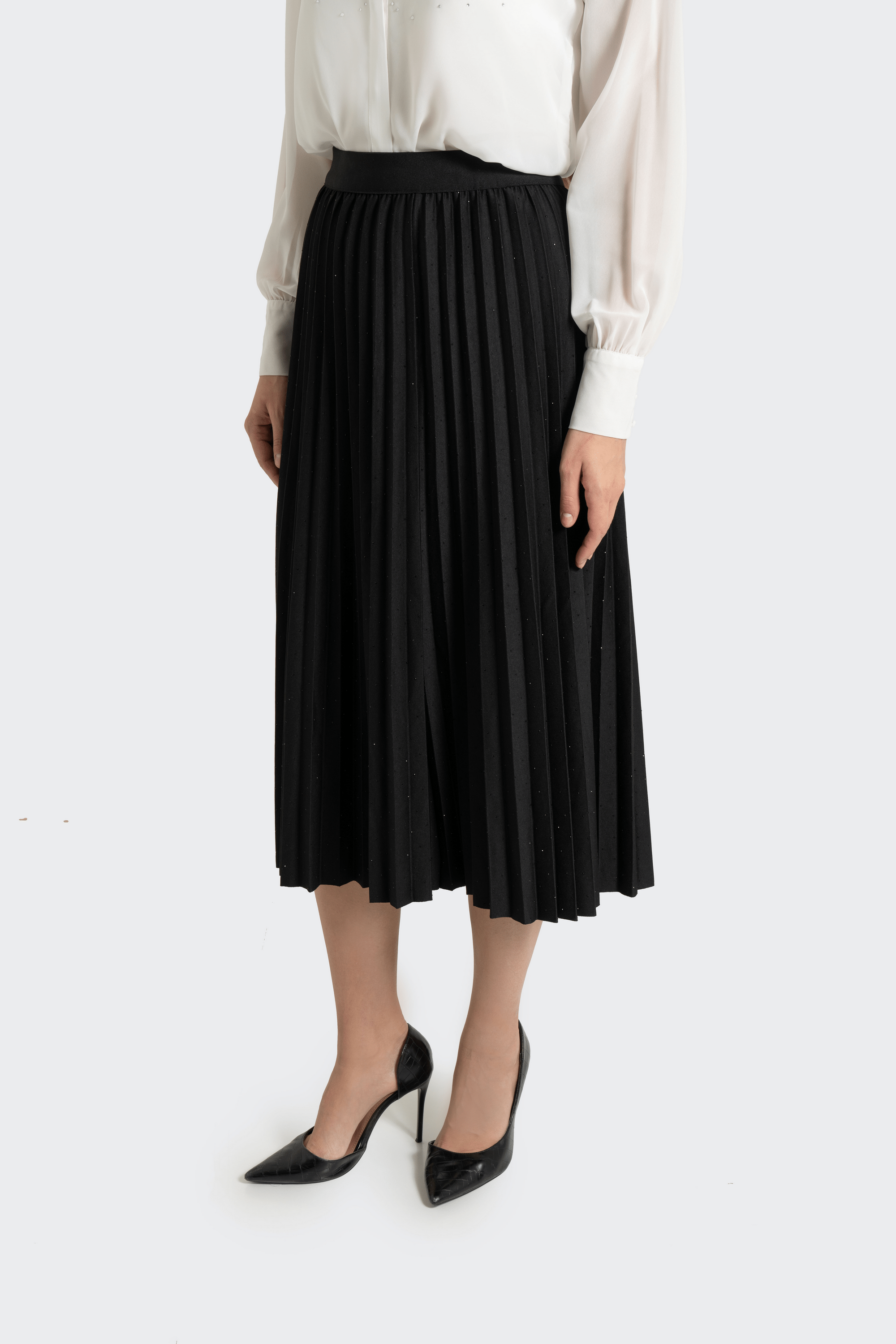 Fashion تنورة ميدي بليسية بترتر بخصر مطاطي