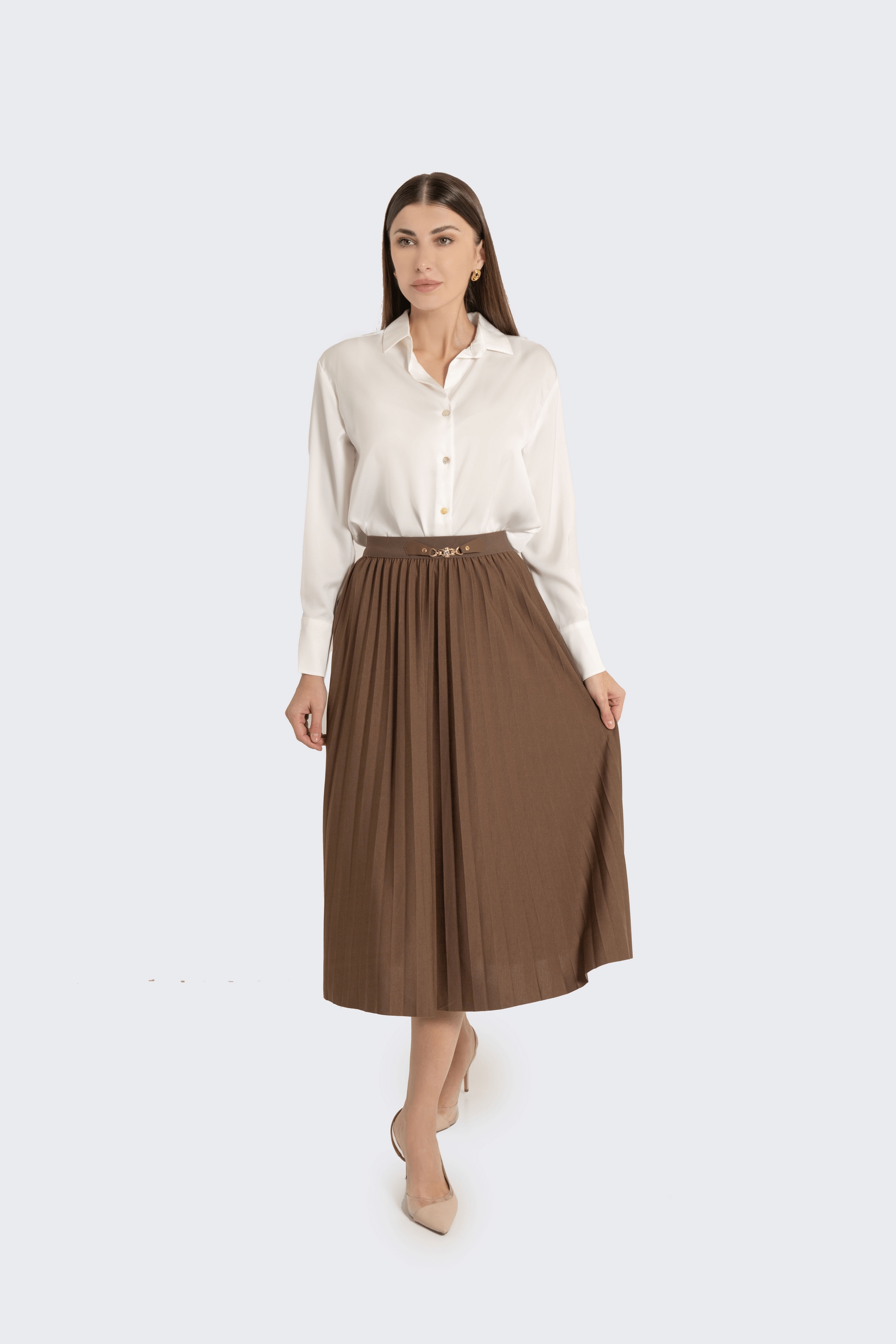 Fashion تنورة ميدي بليسية مزينة بحزام جلد صغير