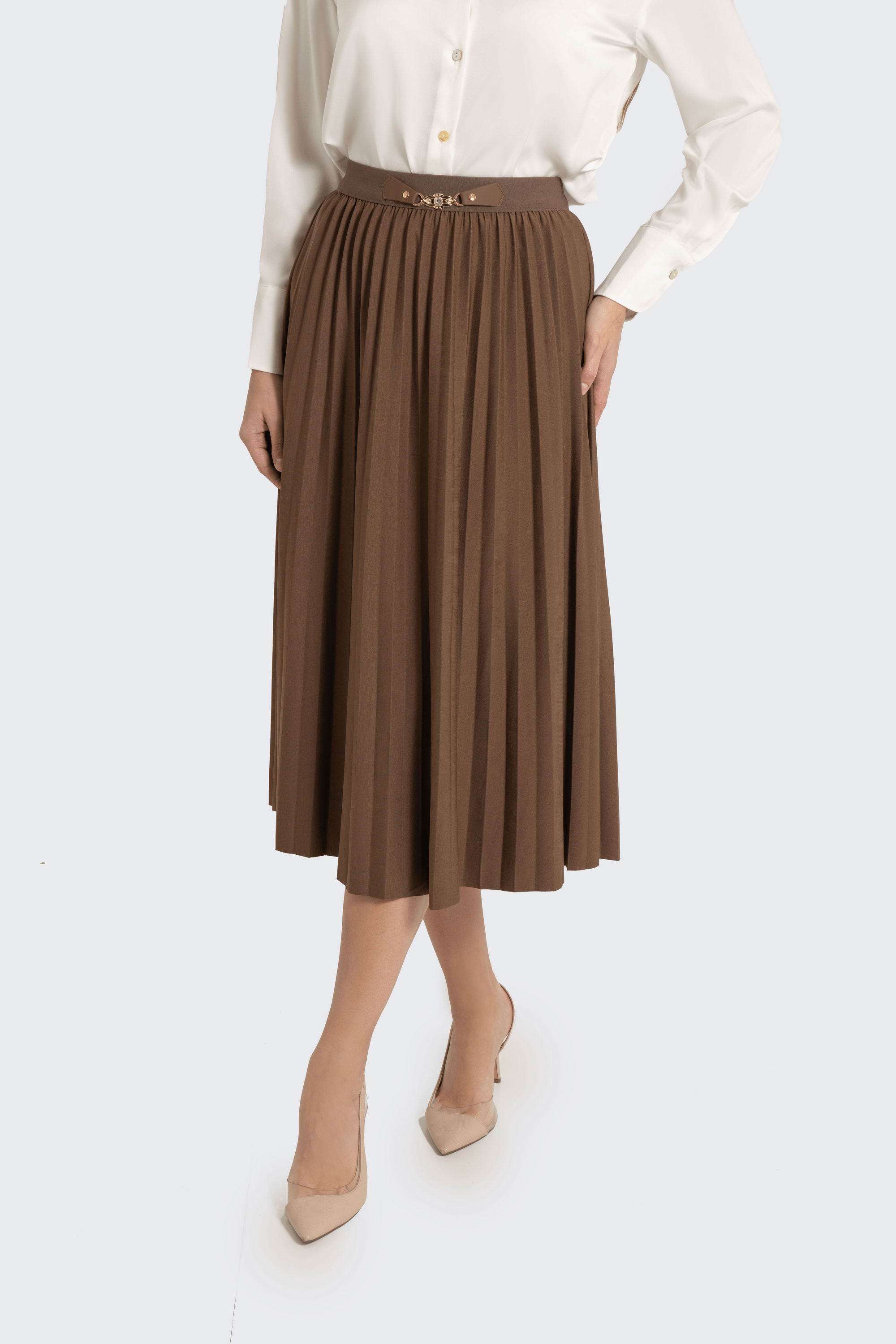 Fashion تنورة ميدي بليسية مزينة بحزام جلد صغير