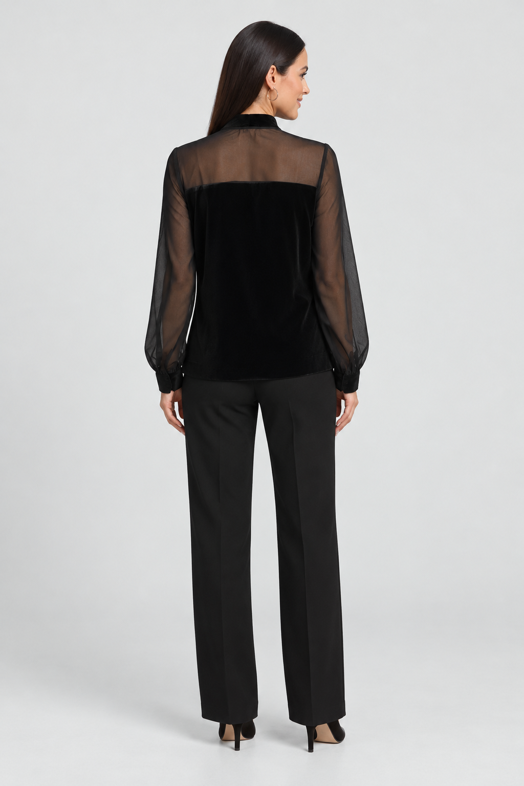 Black long-sleeve top — back view
