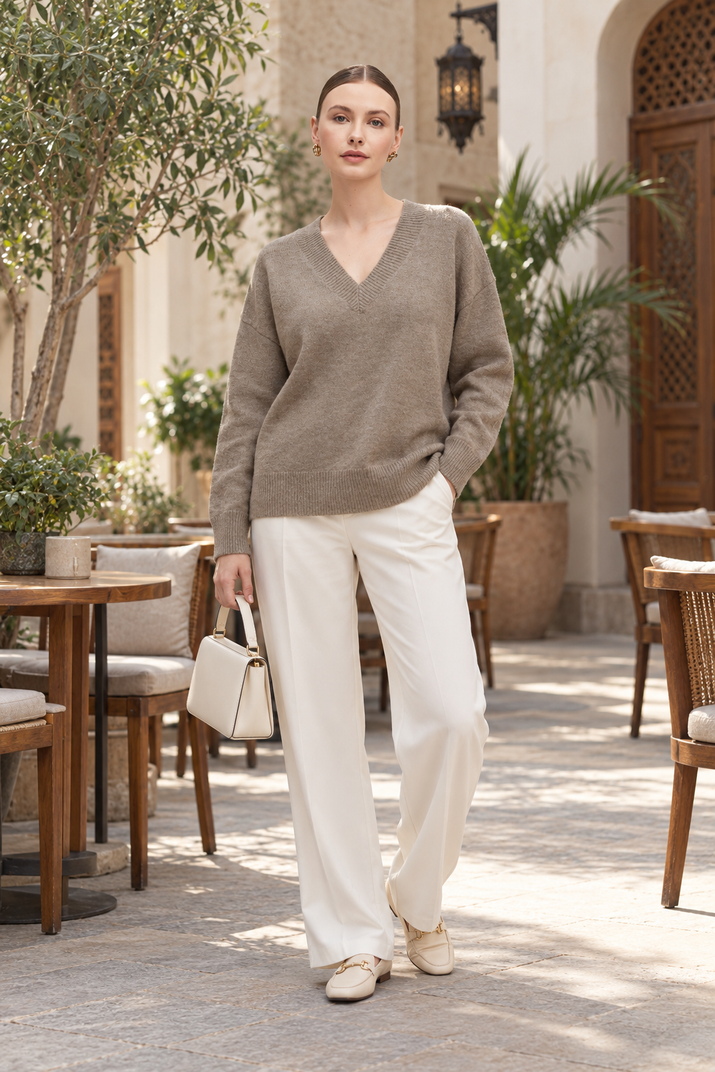 IYE815W264CDY tan long-sleeve V-neck knit sweater on Nina, lifestyle
