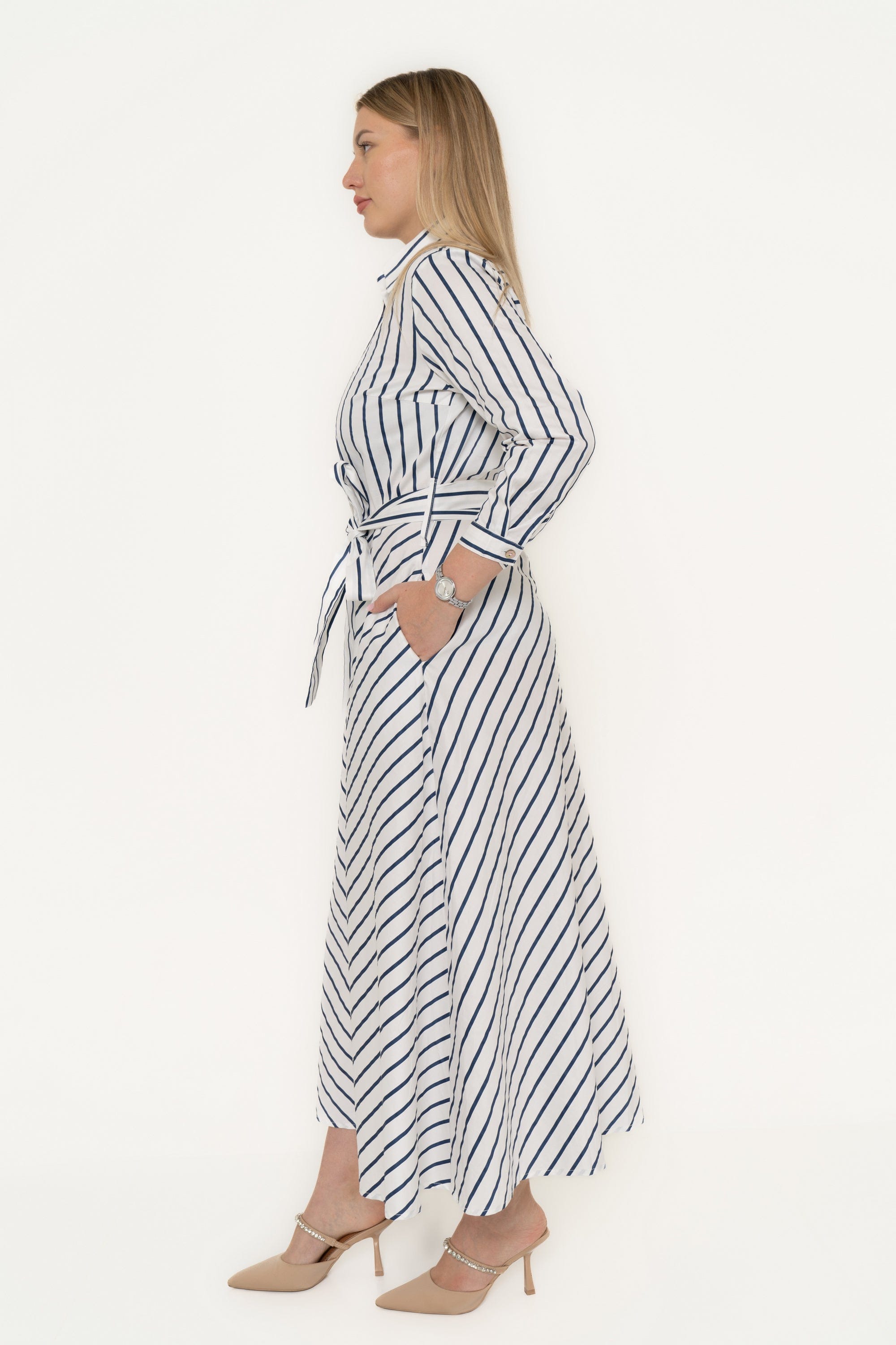 Shop White-Navy Striped Maxi Belted Dress Office Cotton