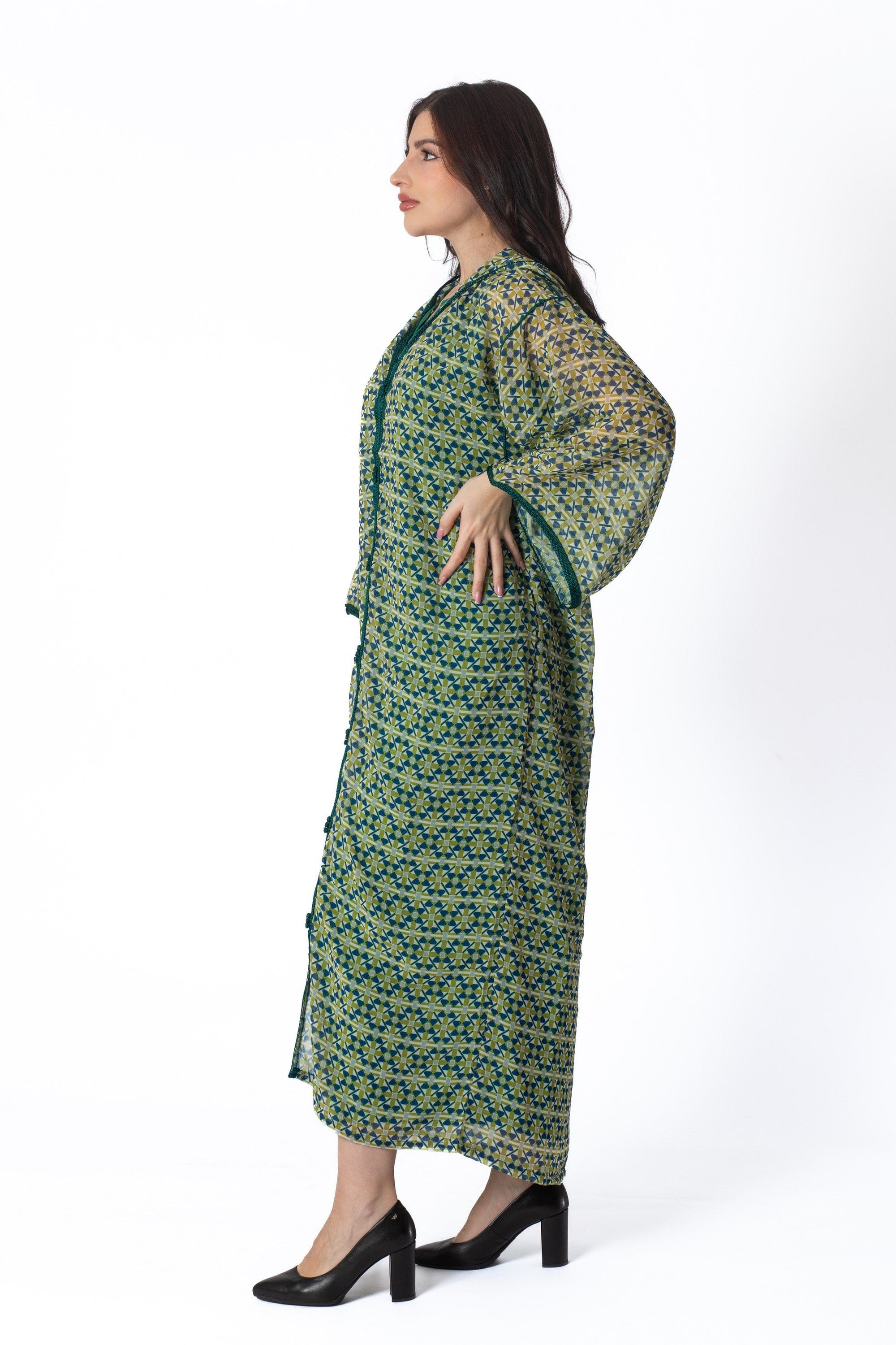 ديامانتين جلابة كميس منقوشة كم طويل أخضر