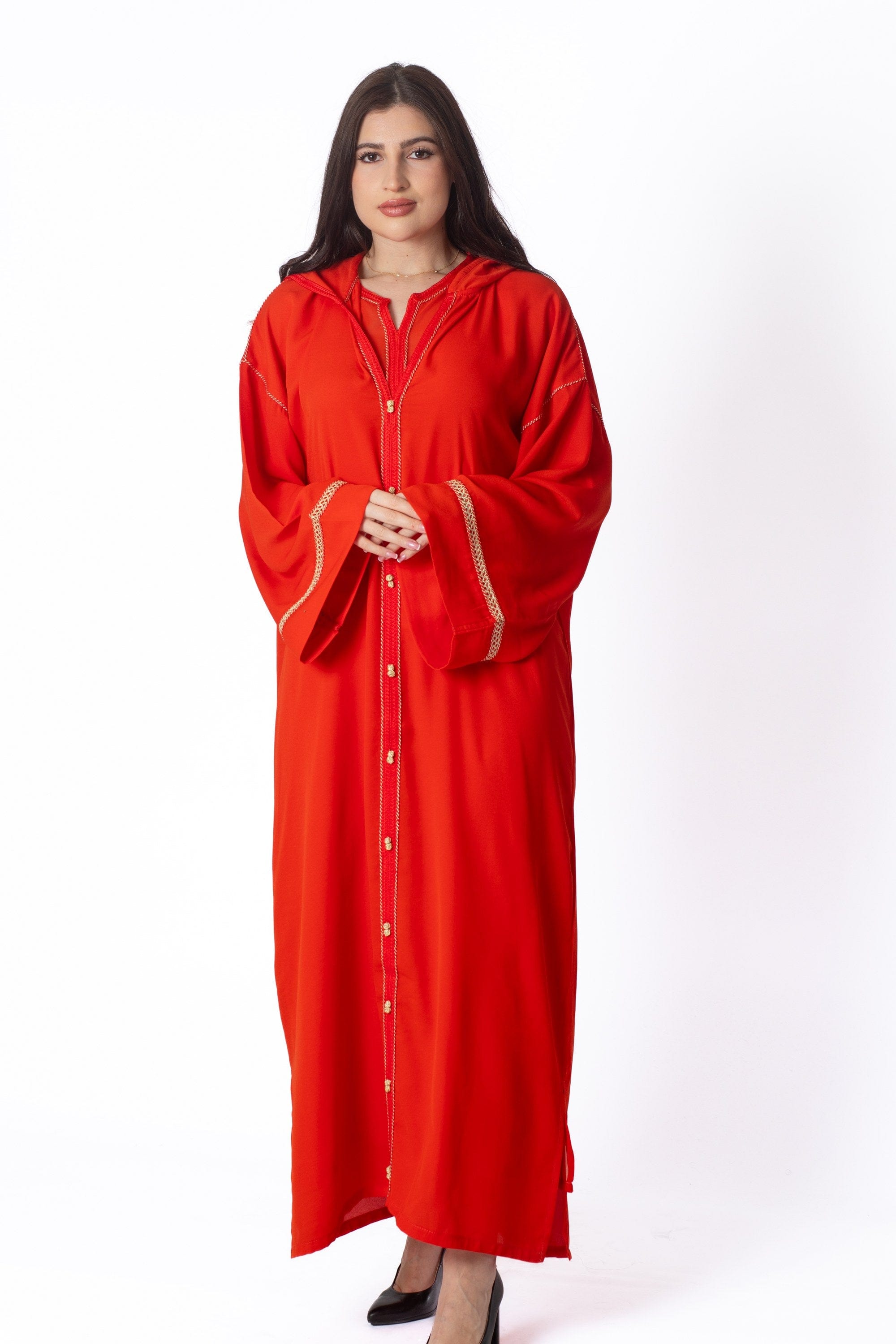 ديامانتين كميس جلابة بأكمام طويلة واسعة مزينة بالكور المطرزة نسائي أحمر