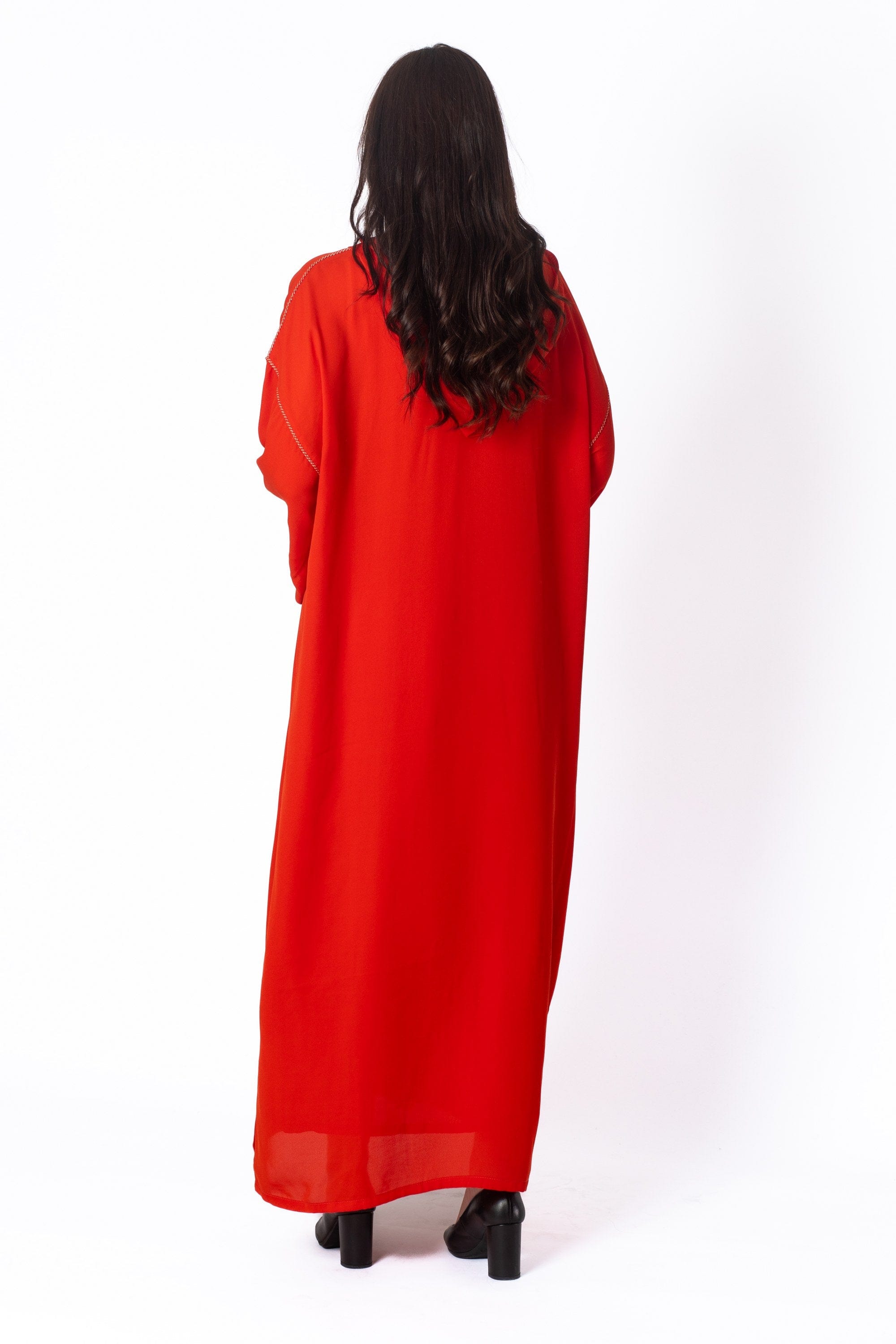 ديامانتين كميس جلابة بأكمام طويلة واسعة مزينة بالكور المطرزة نسائي أحمر