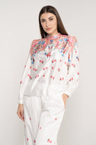 نتشي بلوزة مشجرة من أعلى كم طويل بأساور نسائي ازرق/زهري