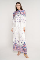 نتشي بلوزة مشجرة من أعلى كم طويل بأساور نسائي ازرق/زهري