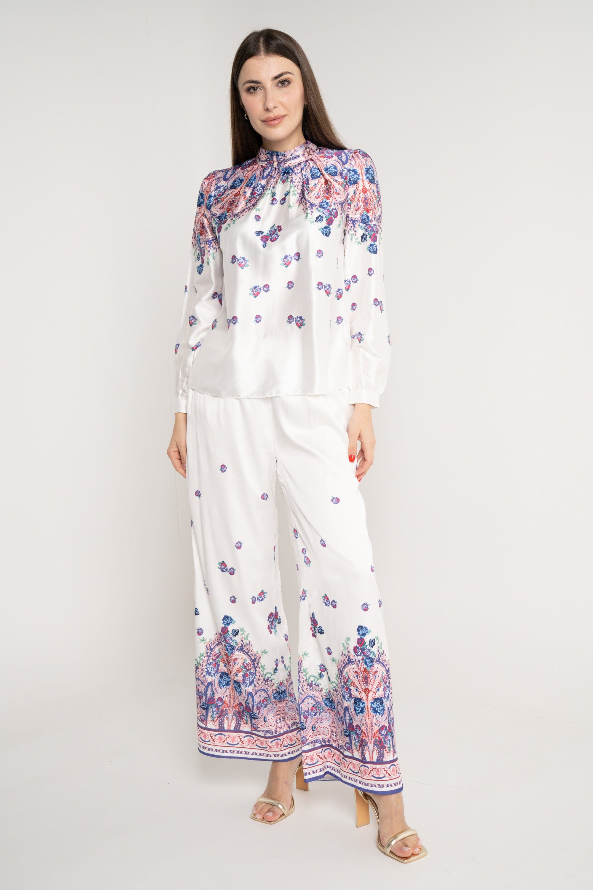 نتشي بلوزة مشجرة من أعلى كم طويل بأساور نسائي ازرق/زهري