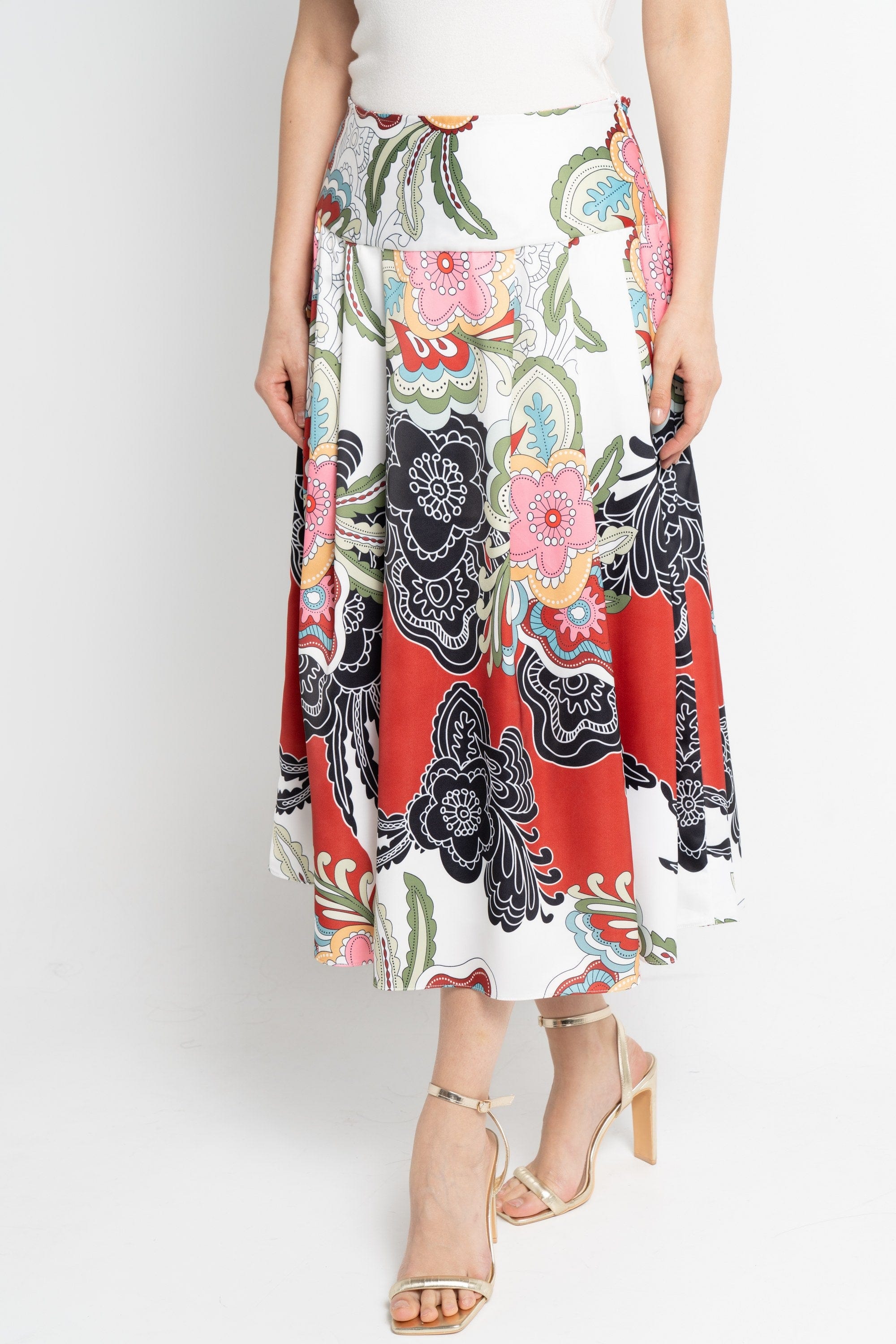 نتشي تنورة ميدي نسائية مشجرة بخصر مرتفع بيج