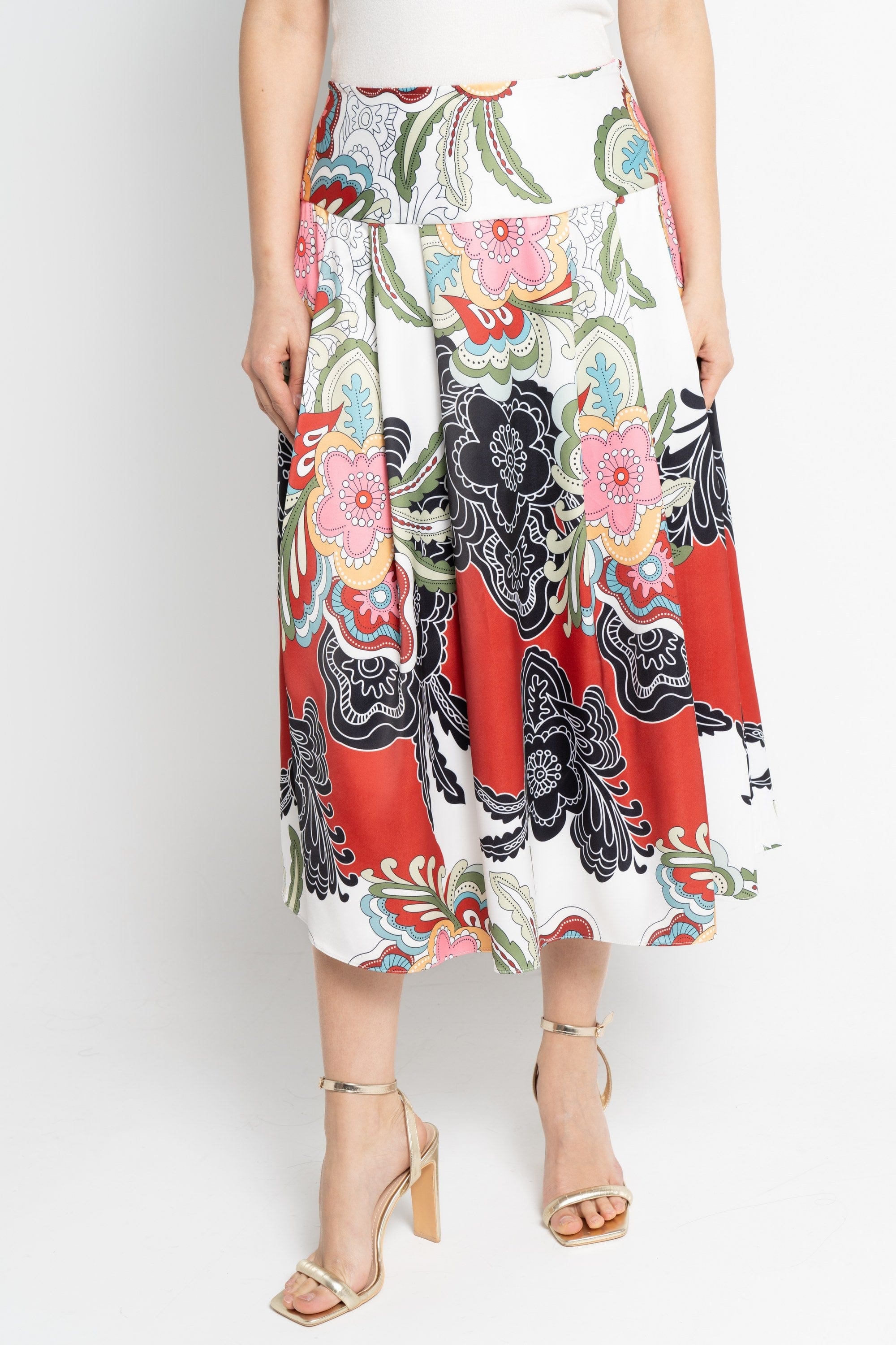 نتشي تنورة ميدي نسائية مشجرة بخصر مرتفع بيج