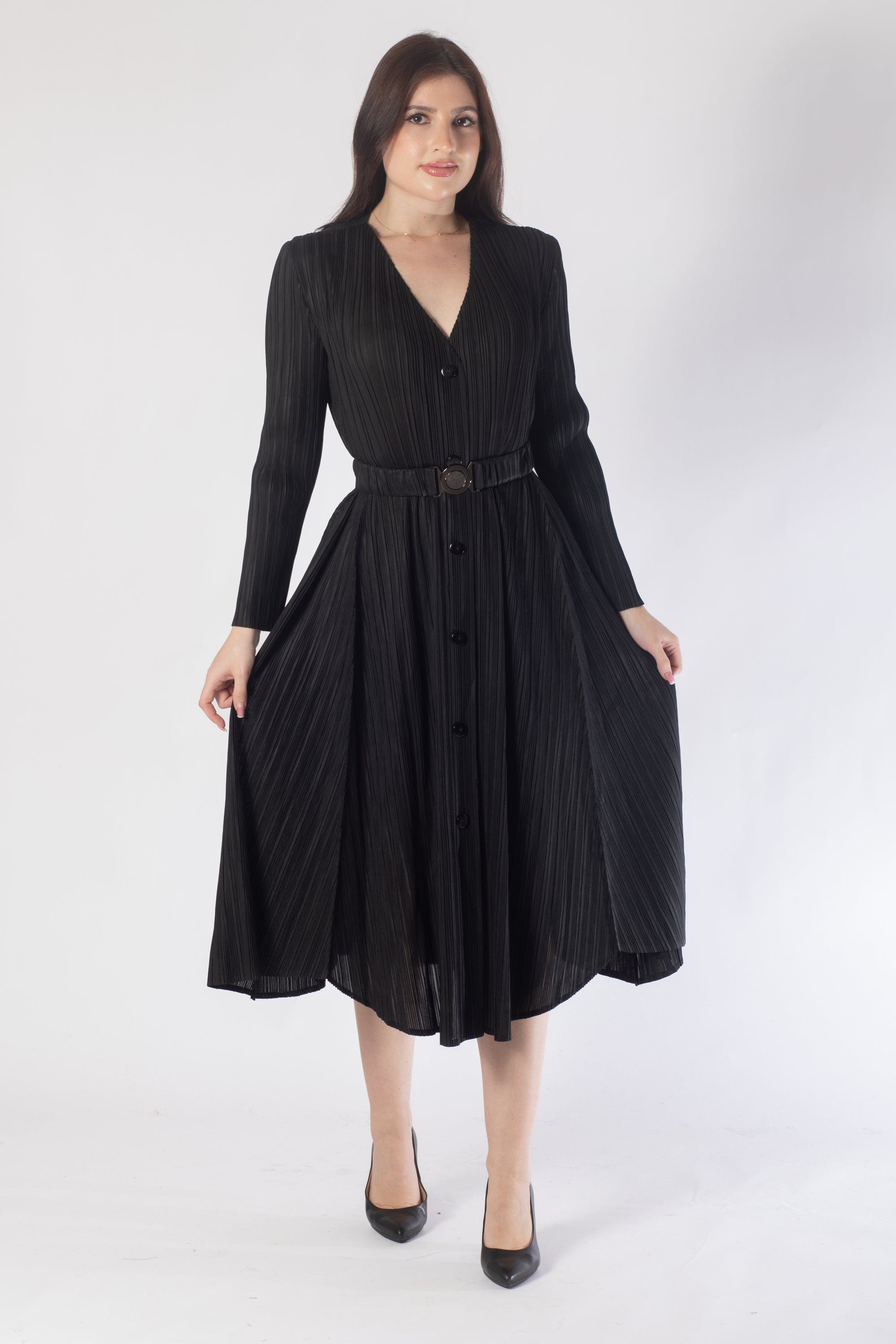 فستان ميدي بأزرار أمامية كم طويل نسائي