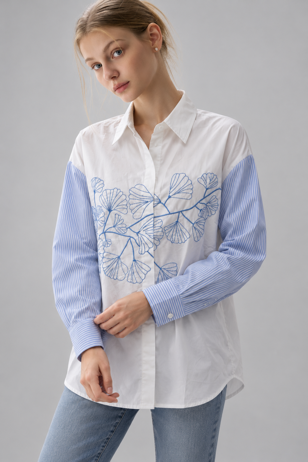 LIV0221AGI light blue embroidered shirt garment detail on model Temmy