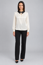 LIV0225AGI beige blouse full front on model Liza