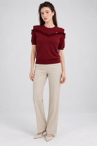 LIV0344AGI burgundy ruffle top full front on model Andrea