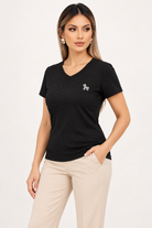 LIV0347AGI black embellished V-neck T-shirt on model, detail view