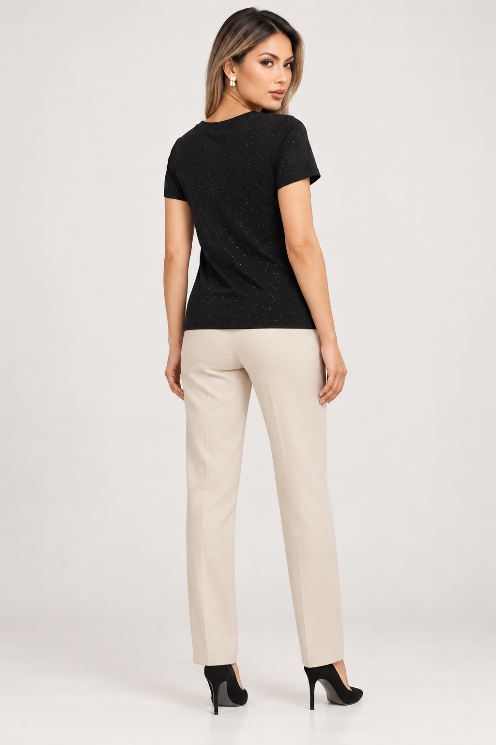 LIV0347AGI black embellished V-neck T-shirt on model, back view