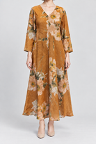 LV0898S262ZI brown floral maxi dress on Maria — garment-focused front