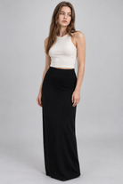 LV0989S262BK black maxi skirt garment detail on model Karolina