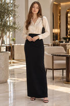 LV0989S262BK black maxi skirt lifestyle on model Karolina