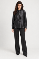 LV1012S263AN black satin blouse on model, full front view