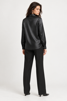 LV1012S263AN black satin blouse on model, back view