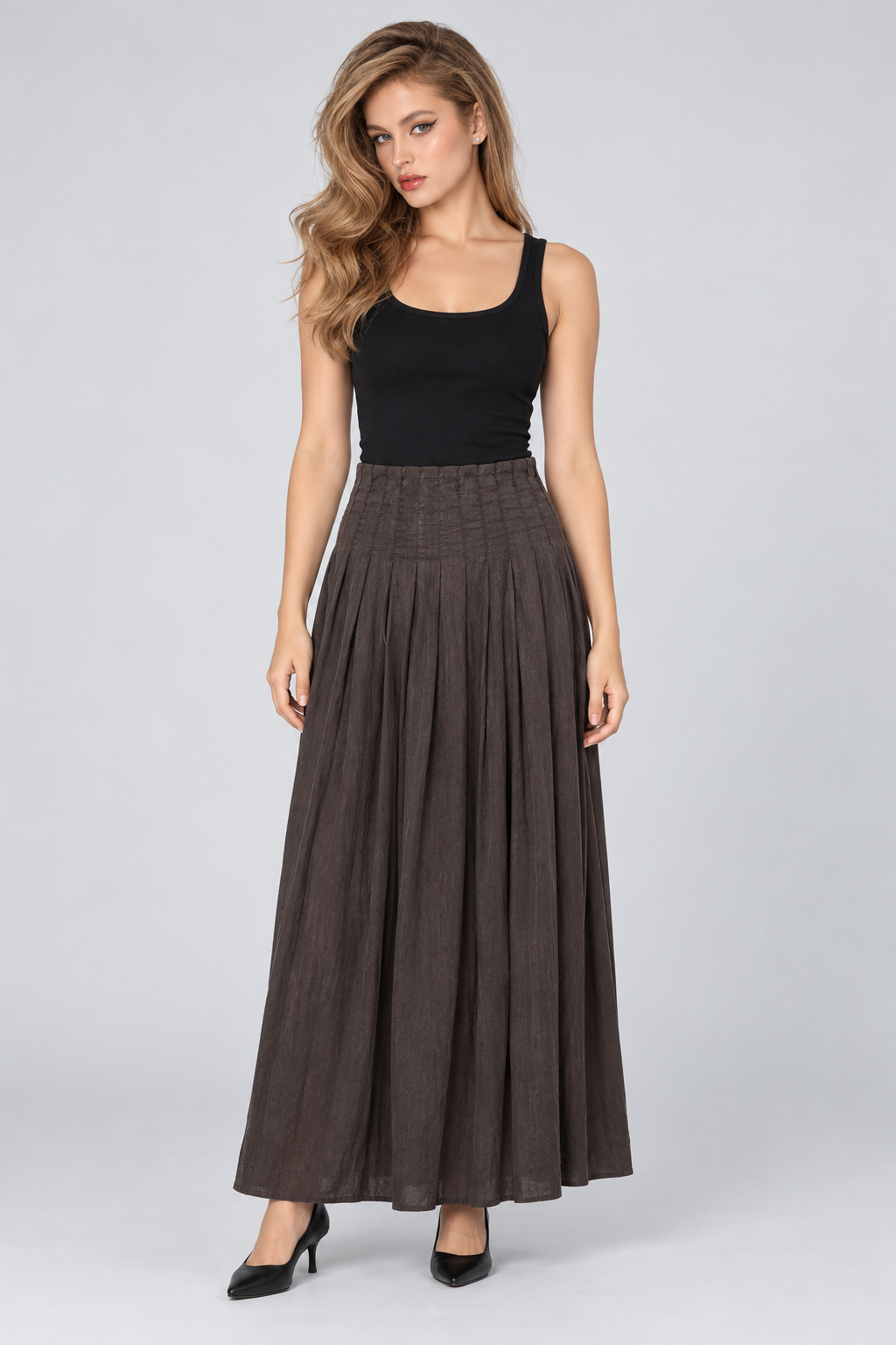 LV1111S263AN brown skirt on model, full front