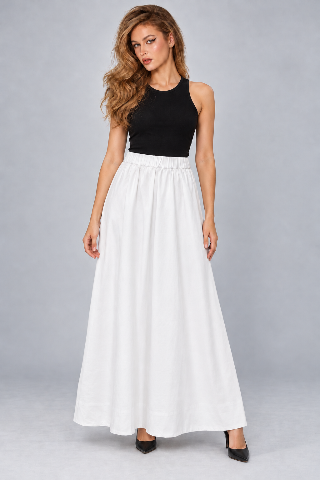 LV1324S263HZ white skirt on model, full front view