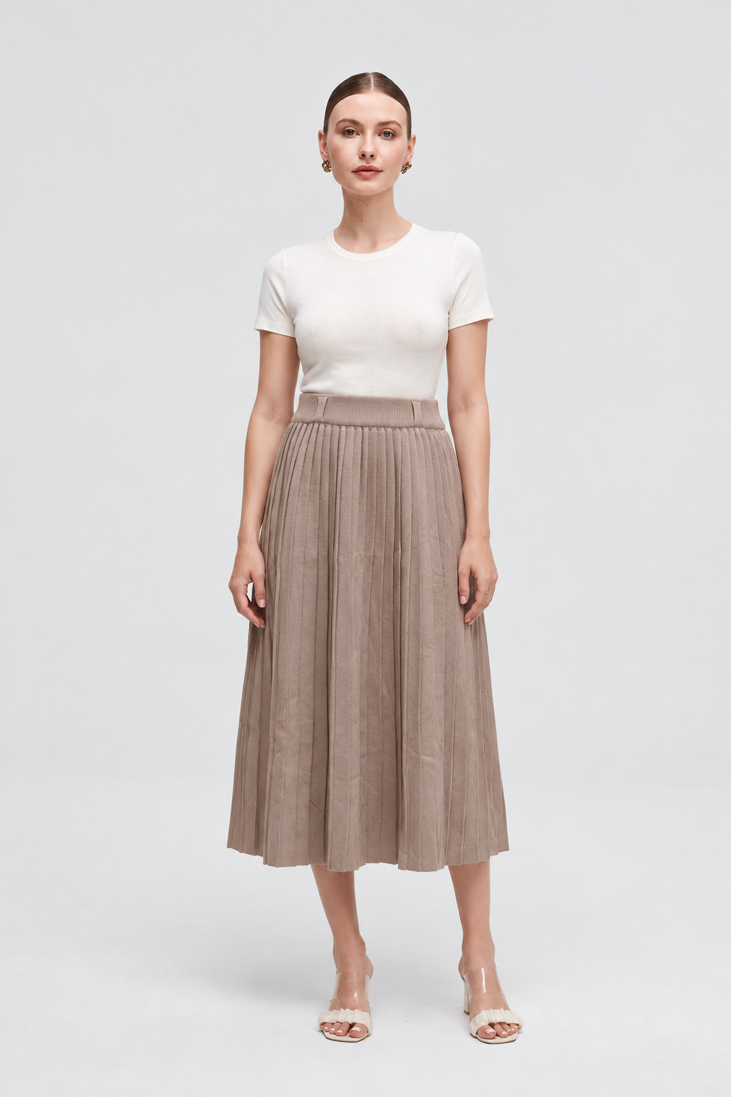 Beige midi skirt — full front