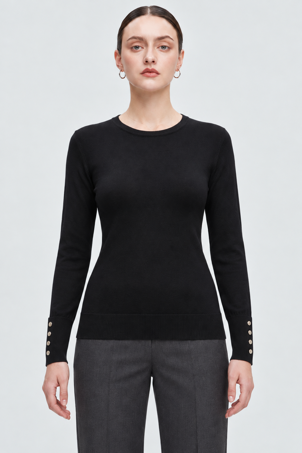 MA0762W264CDY black long sleeve top on Alice - garment-focused front