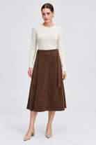 MA0873W264WN brown corduroy skirt on Hanna, full front