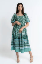 ميكا فستان ميدي مشجر بأكمام قصيرة منفوخة - أخضر