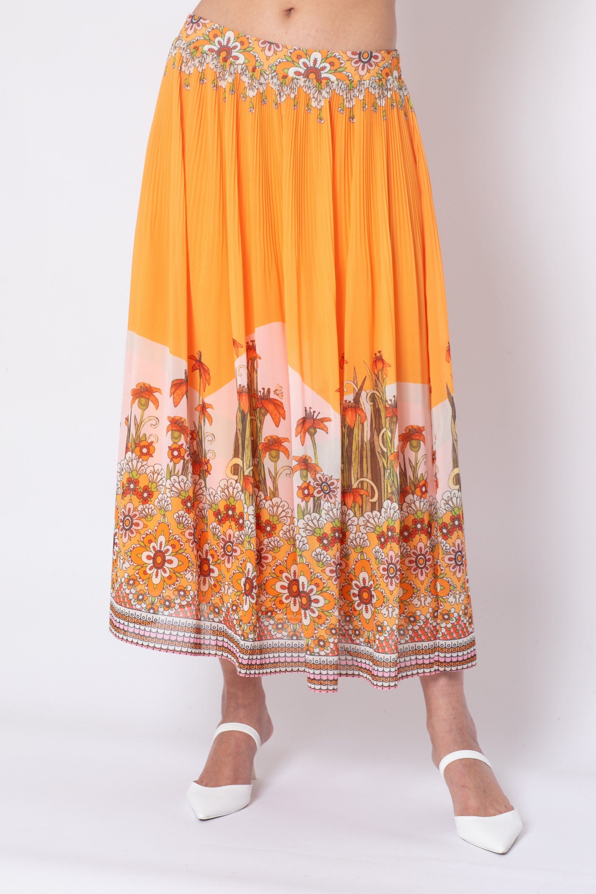 ميكا تنورة ميدي نسائية مطبوعة بزهور برتقالي