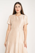 ميكا فستان ميدي منقوش مخصر كلوش بيج