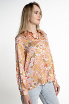 ميكا قميص بأكمام طويلة موردة بأزرار أمامية وياقة نسائي برتقالي