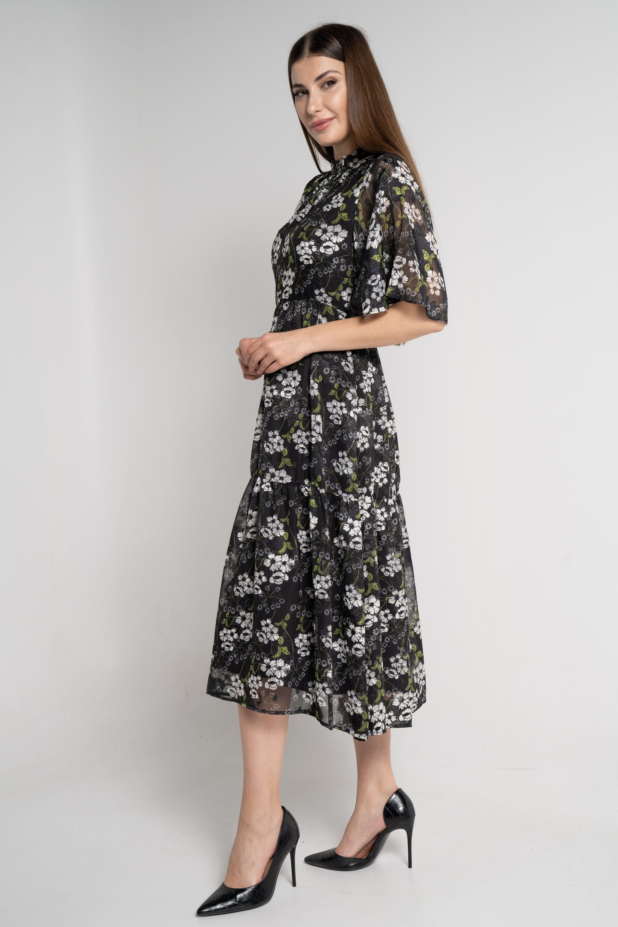 ميكا فستان ميدي بأكمام فراشة موردة نسائي