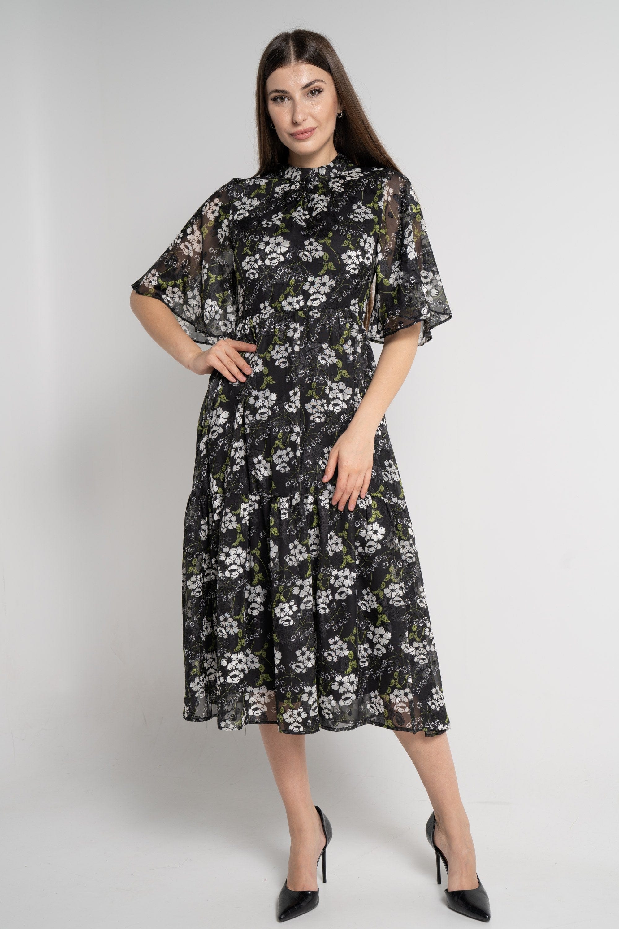 ميكا فستان ميدي بأكمام فراشة موردة نسائي