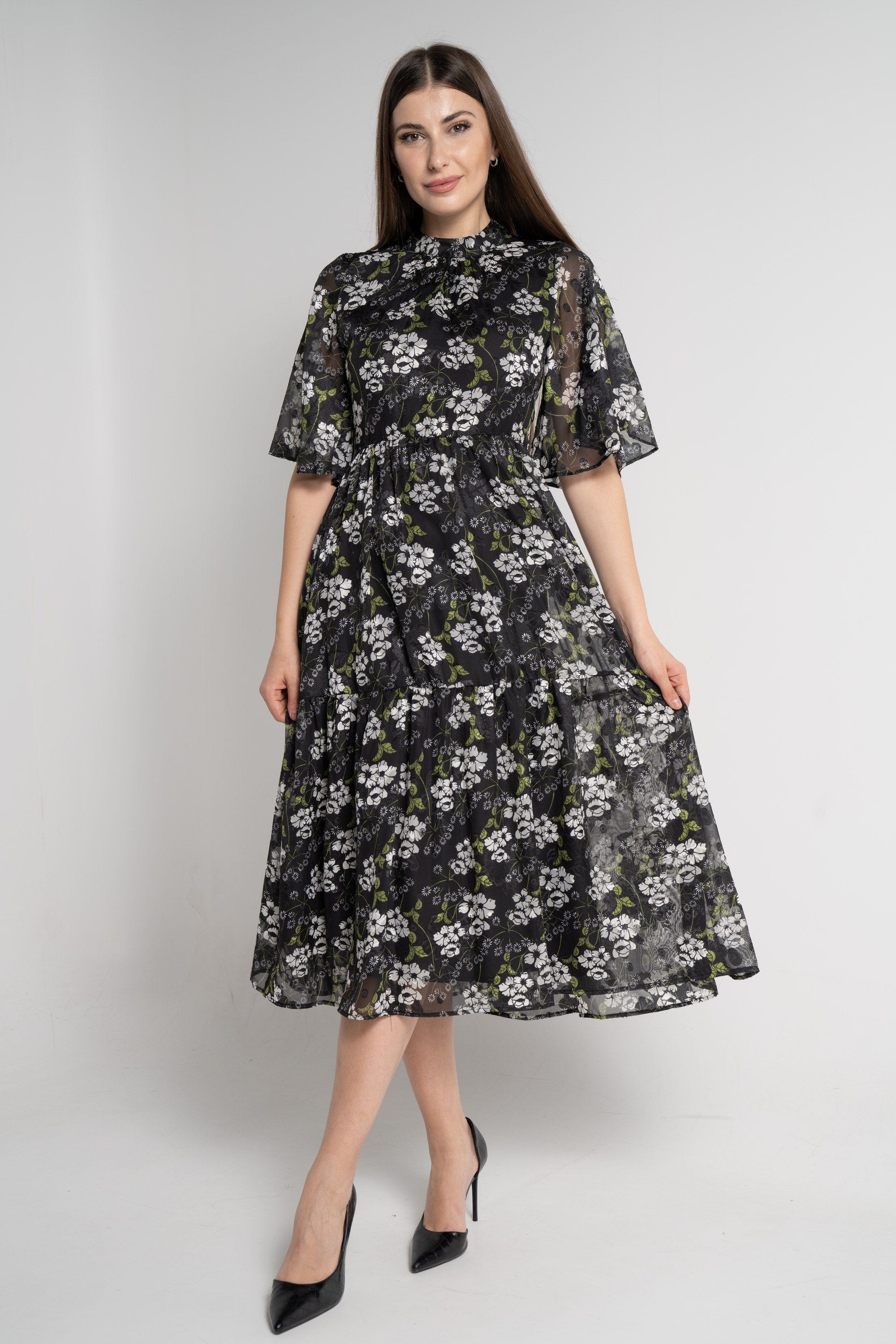 ميكا فستان ميدي بأكمام فراشة موردة نسائي