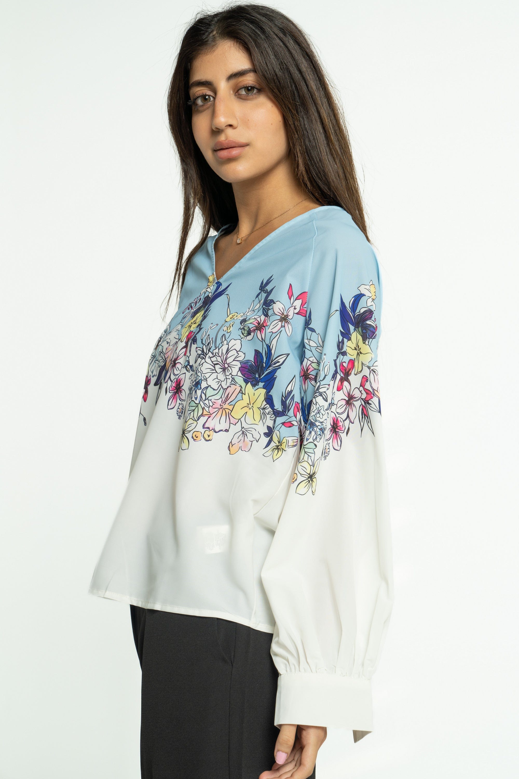 ميكا بلوزة موردة كم طويل أزرق فاتح